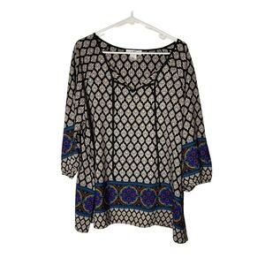 Moa Moa Woman Tunic Blouse Black Cream Blue Damask Medallion‎ 1X USA Made Boho